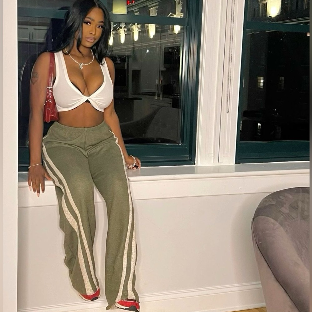 Olive Green Women's Pants with White Stripes